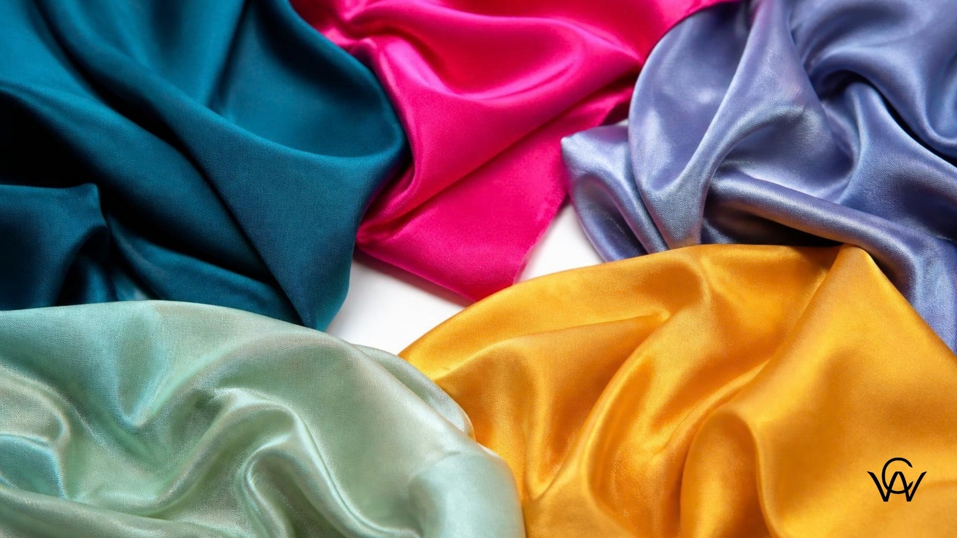 Spring Summer 2026 fashion color palette fabric swatches in teal, fuchsia, blue aura, amber and mint - Clothwala fabric photography