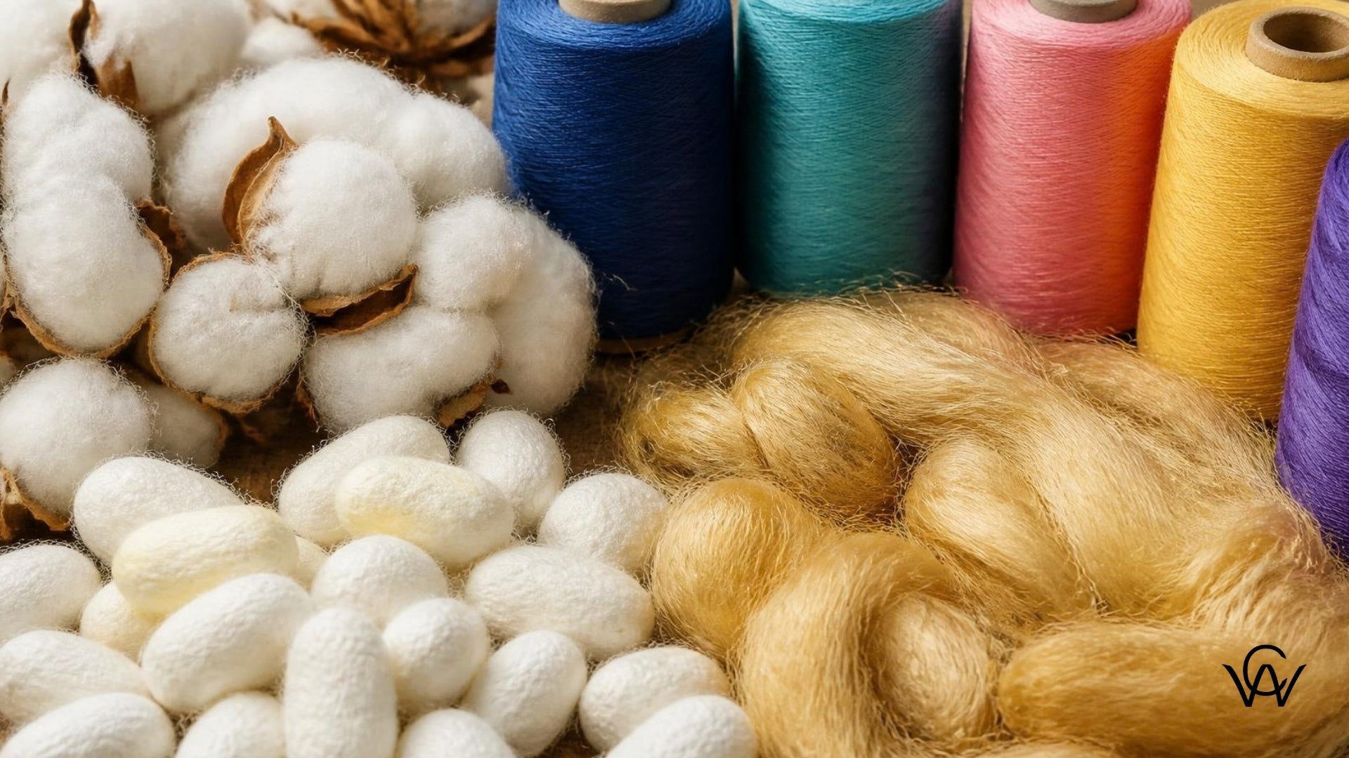 Assortment of raw cotton, silk cocoons, and synthetic yarn spools illustrating natural, regenerated, and synthetic textile fibres from Clothwala