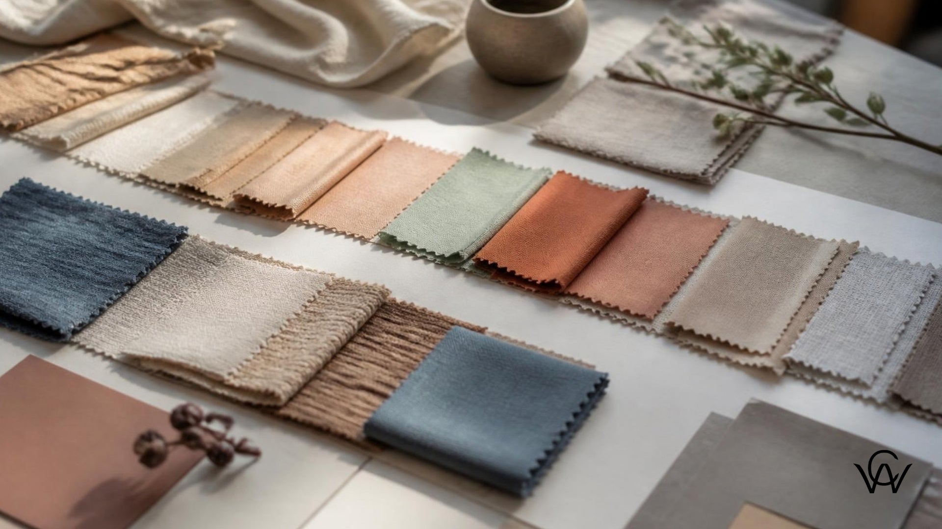 Fabric swatches in a coordinated trending colour palette on a designer's studio table, illustrating colour forecasting for fashion brands - Clothwala