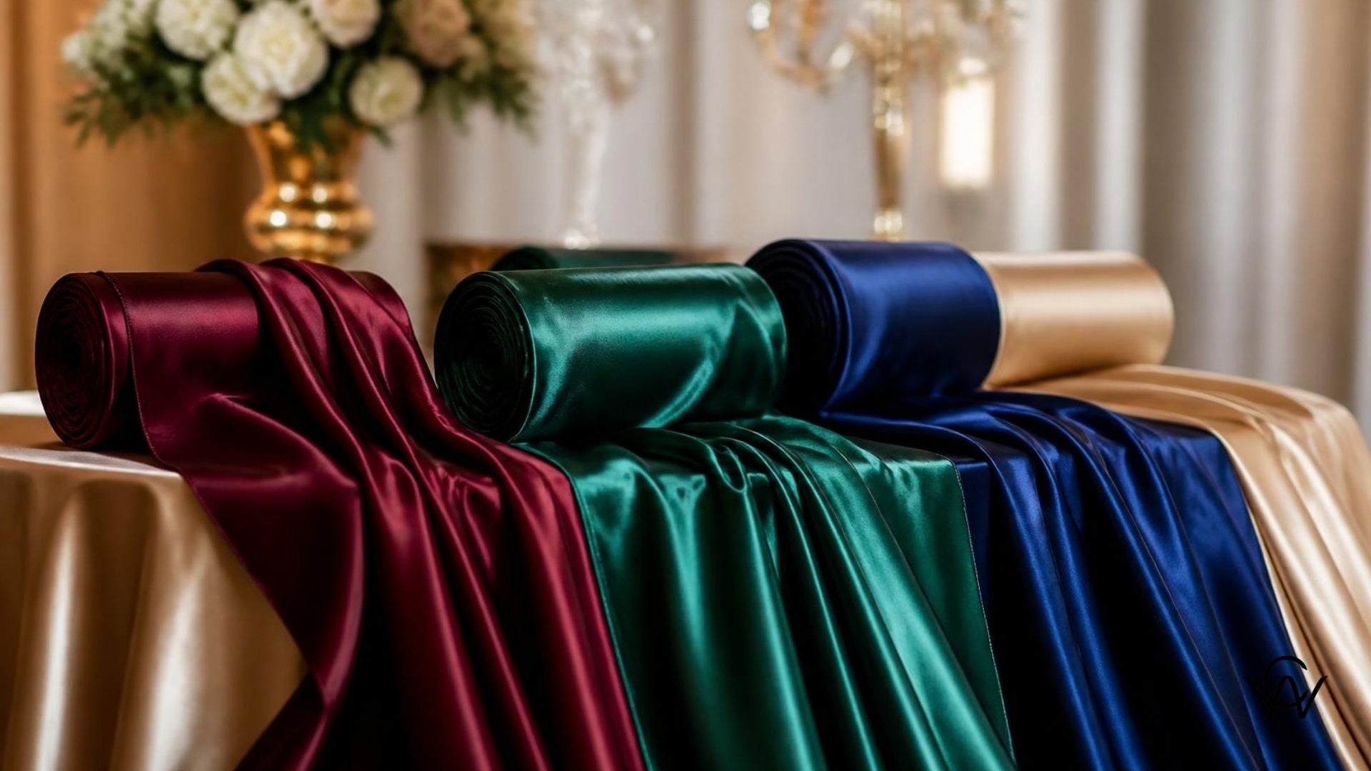 Luxurious satin fabric in rich wine red, emerald green, and royal blue draped elegantly, showcasing its glossy sheen for special occasions at Clothwala