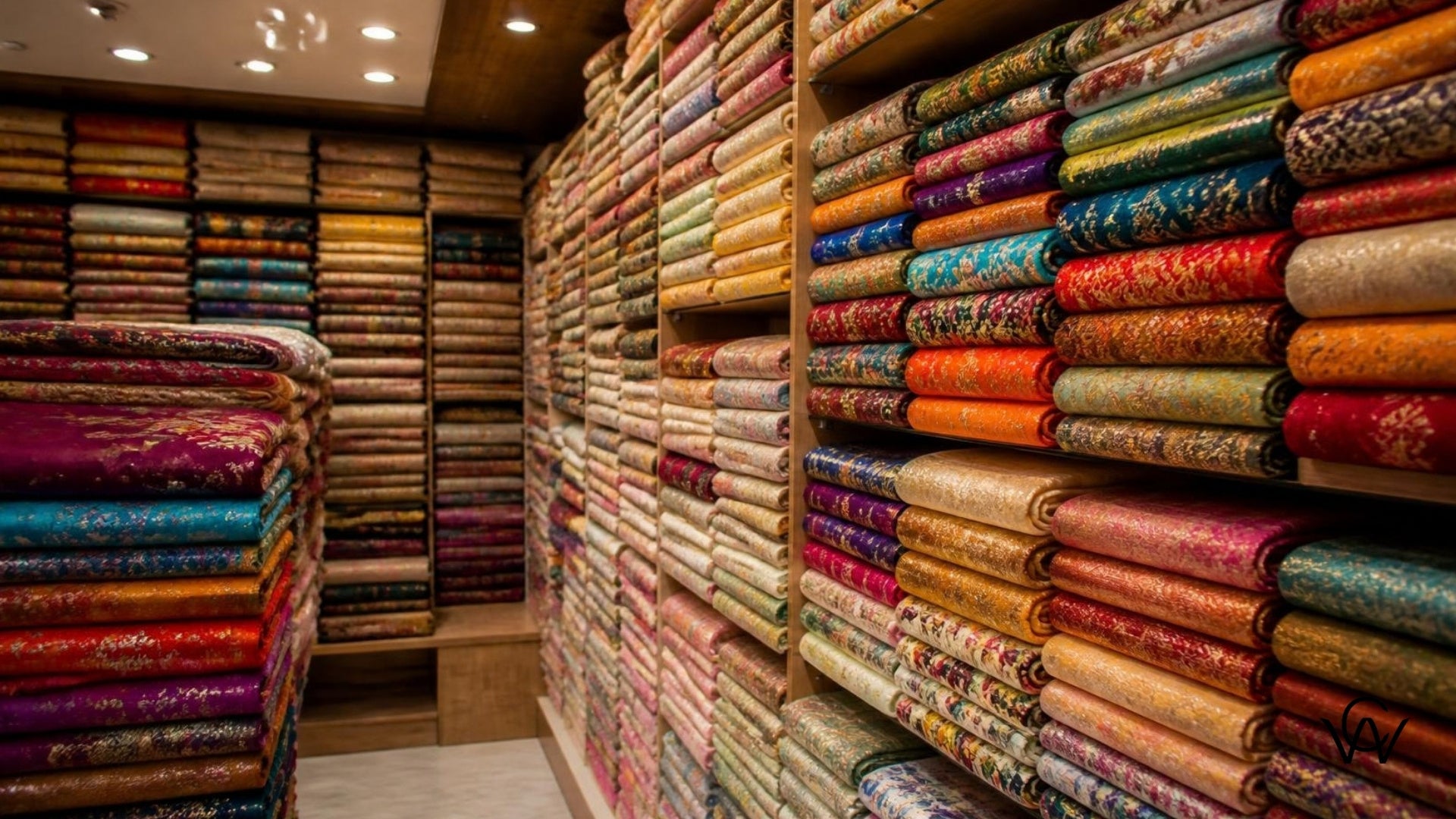 Indian textile wholesale market fabric shop with stacked colorful fabric rolls - Clothwala fabric photography