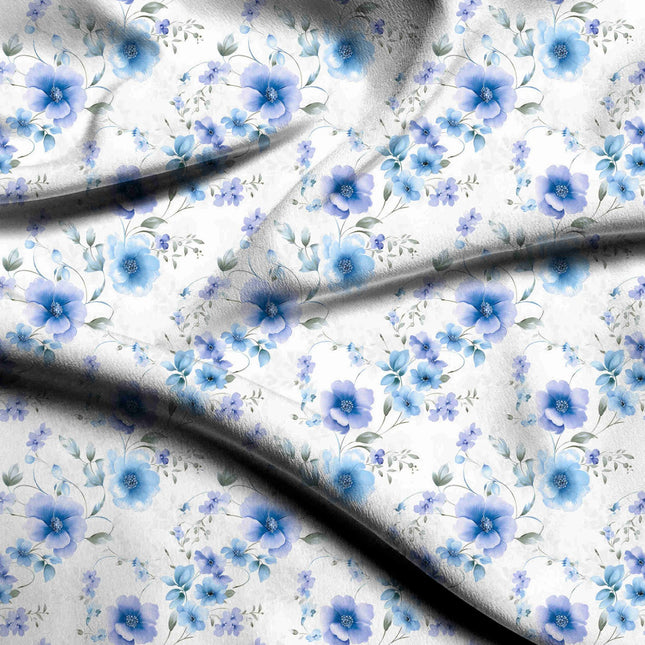 Azure Blue Floral Digital Print Fabric | Kurti Kaftan Dress - 1784