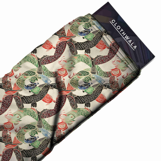 Forest Green Ethnic Digital Print Fabric | Saree Lehenga Dupatta - Image 2