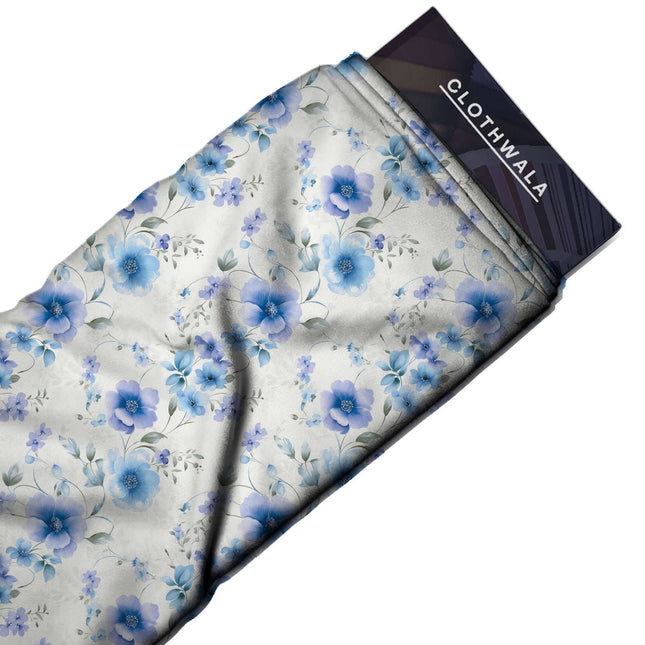 Azure Blue Floral Digital Print Fabric | Kurti Kaftan Dress - Image 2