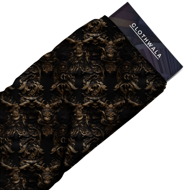 Antique Gold Baroque Digital Print Fabric | Saree Lehenga Dupatta - Image 2
