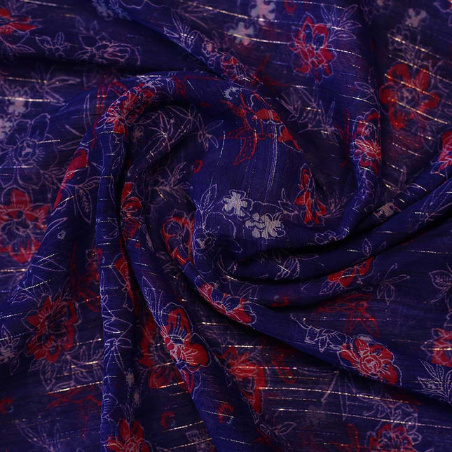 CHIFFON SLIVER  LUREX STRIP BLUE FLOWER PRINT
