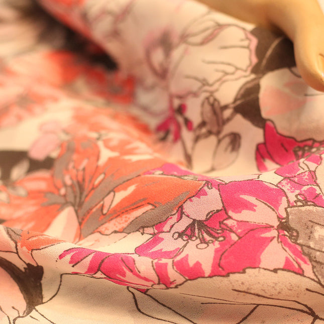 POLY CHIFFON PINK WHITE FLOWER  PRINT FABRIC
