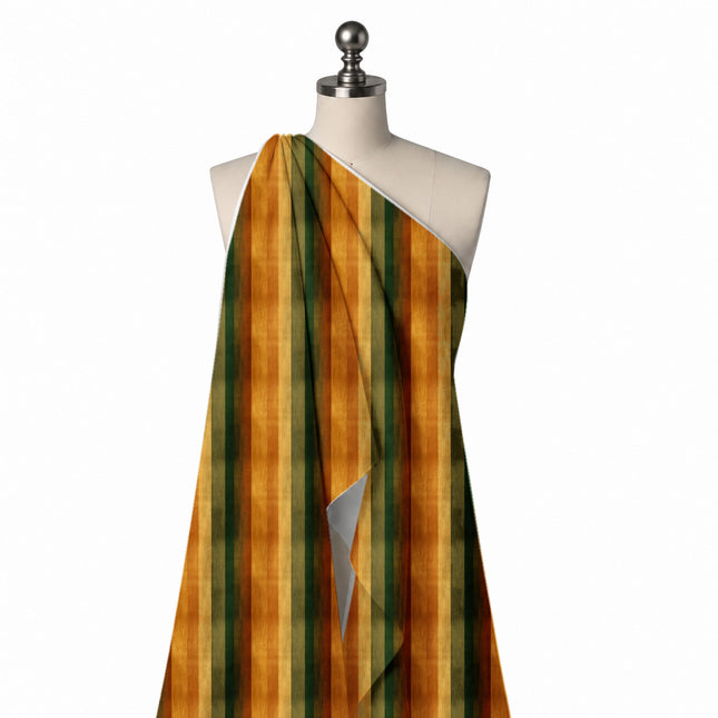 Draped on a mannequin: wide vertical stripes with a soft brushed texture in amber orange, design Design No_3918, Clothwala