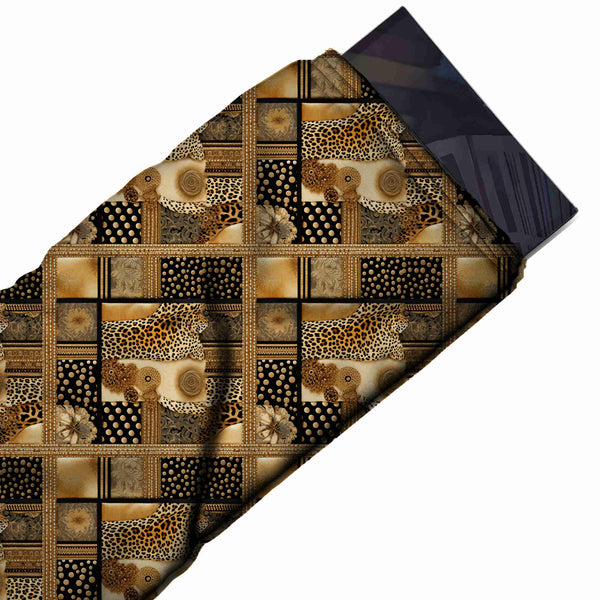 Antique Gold & Black Leopard & Gold Frames Printed Moss Crepe Fabric