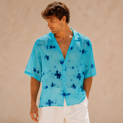 Aqua Blue & Navy Blue Tie-Dye Splatter Print Fabric — design DS-32, Clothwala