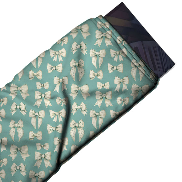 Aqua Green & Cream Assorted Cream Bows Printed Pure Natural Crepe Fabric