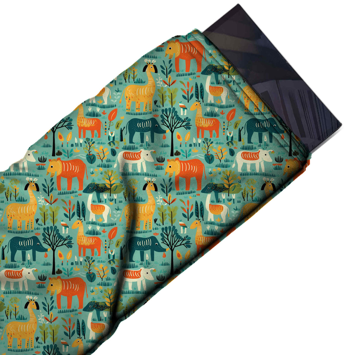 Aqua Green & Orange Lion & Llama Printed Moss Crepe Fabric - flat fabric swatch, design Design No_3874, Clothwala