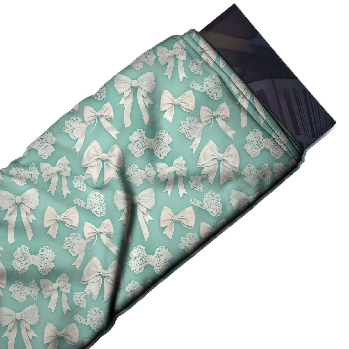 Flat fabric swatch: close-set all-over print of small to medium white and ivory bows, design Design No_4438, Clothwala