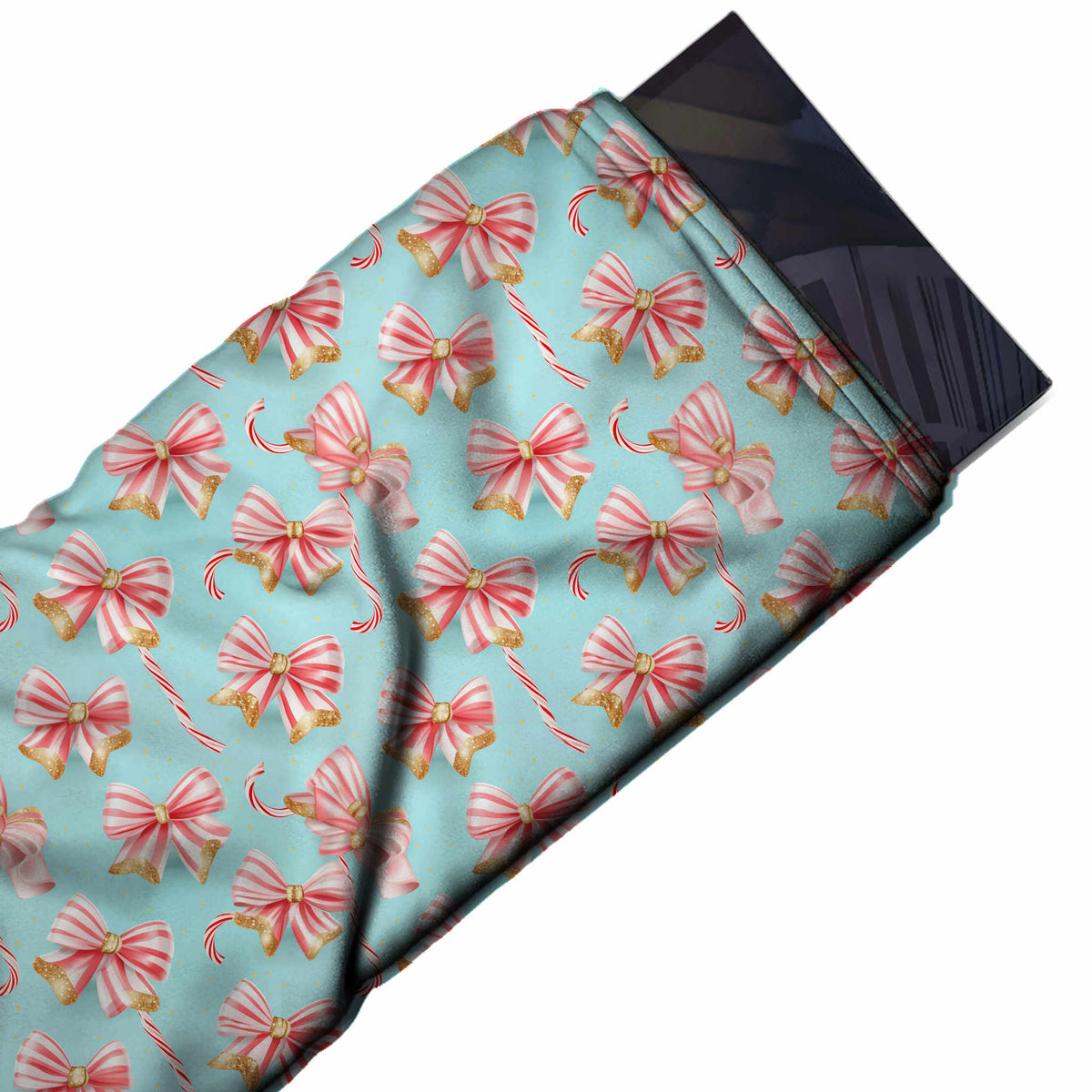 Flat fabric swatch: evenly spaced layout of red and white candy-striped bows with gold, design Design No_4875, Clothwala