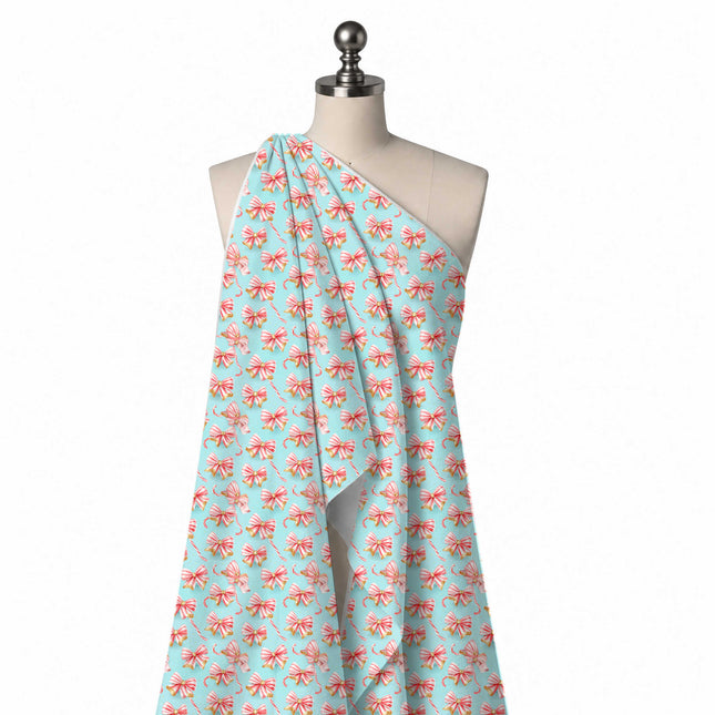 Draped on a mannequin: evenly spaced layout of red and white candy-striped bows with gold, design Design No_4875, Clothwala
