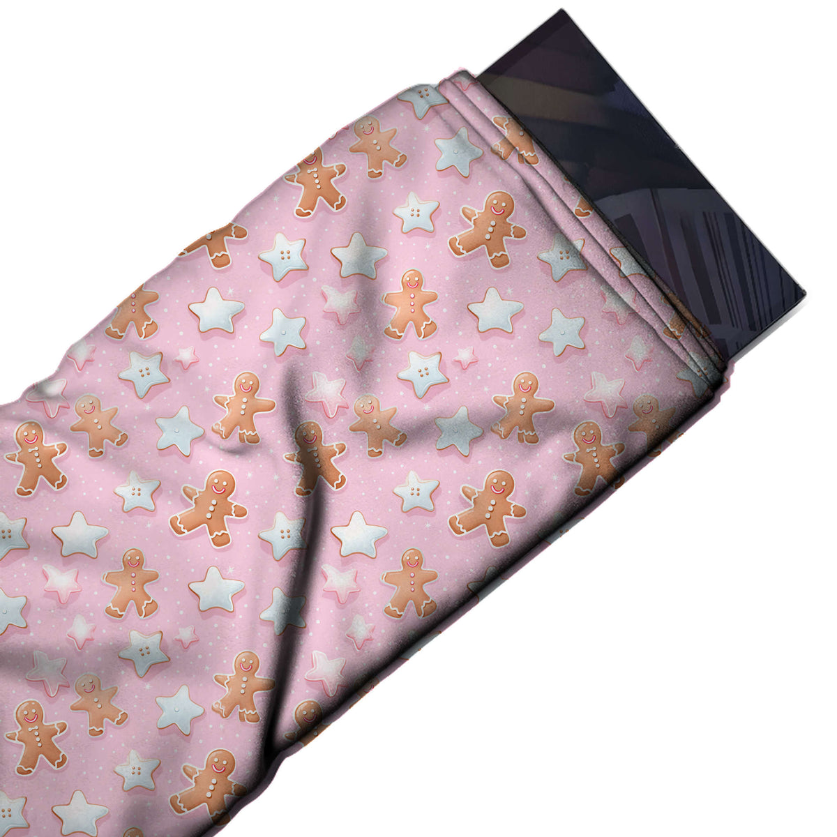 Flat fabric swatch: open tossed print of softly shaded tan gingerbread men at varied, design Design No_4909, Clothwala