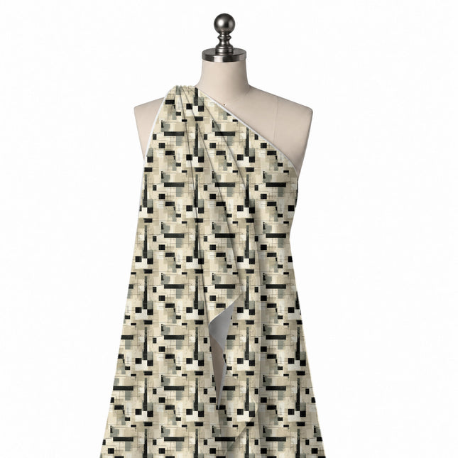 Draped on a mannequin: medium-scale all-over geometric of black horizontal bars, design Design No_4065, Clothwala