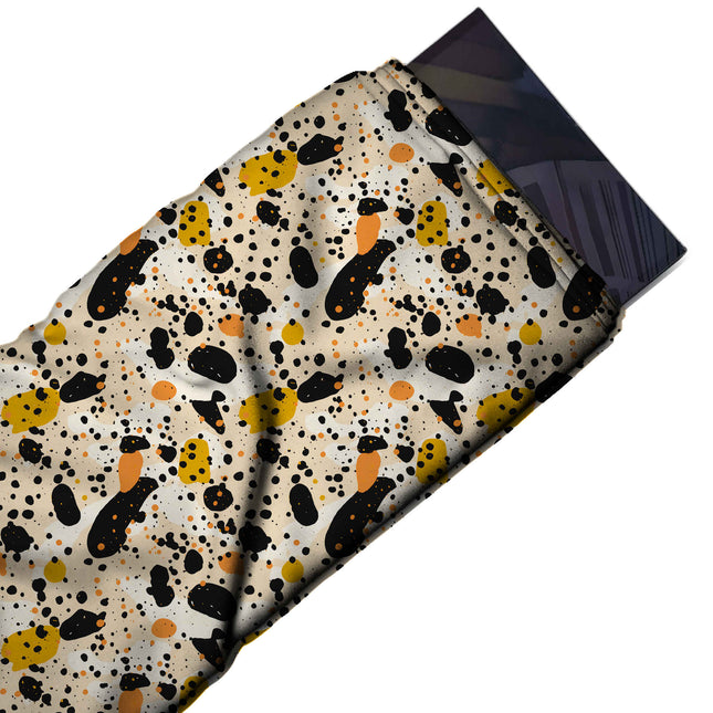 Flat fabric swatch: tossed all-over layout of large black rounded blobs, design Design No_4039, Clothwala