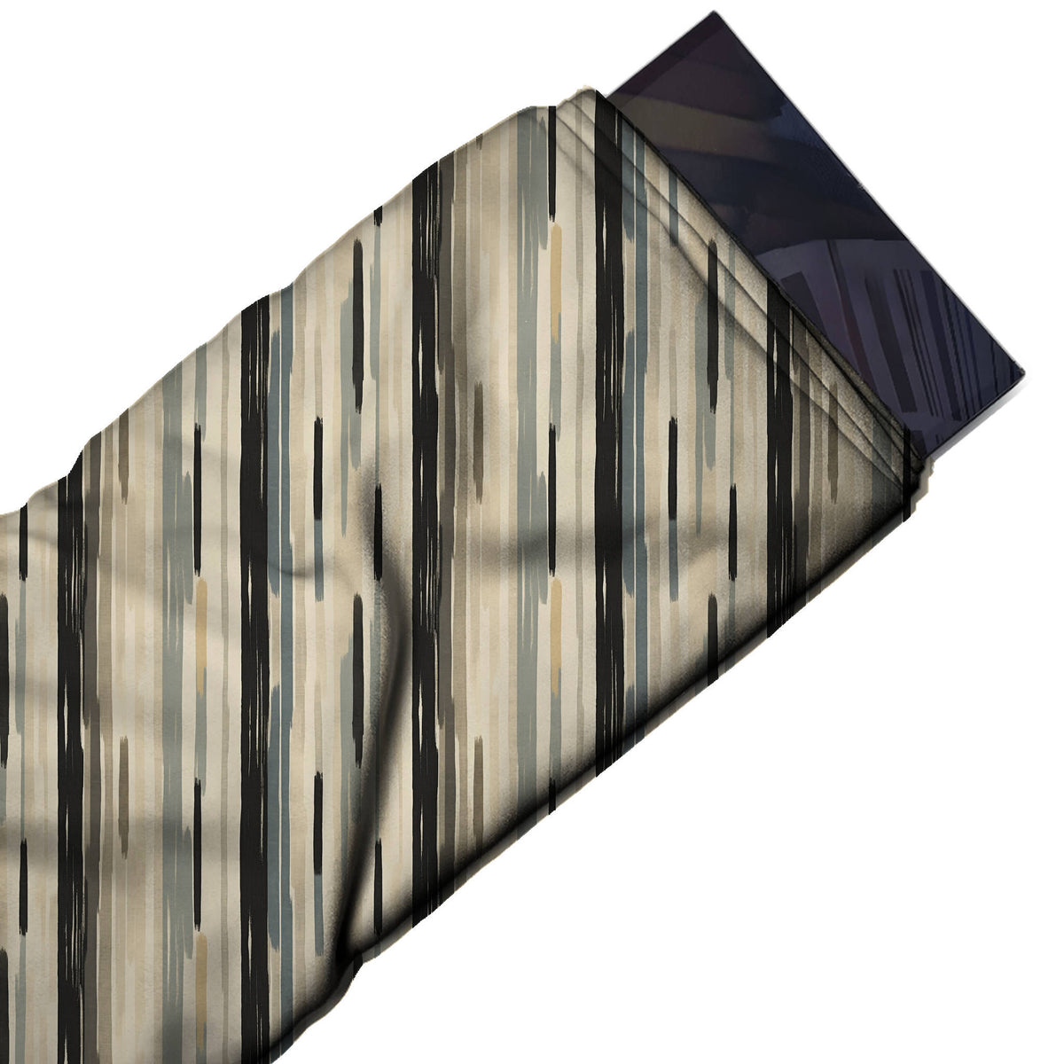 Flat fabric swatch: vertical stripe layout of continuous black brush stripes with shorter, design Design No_3976, Clothwala