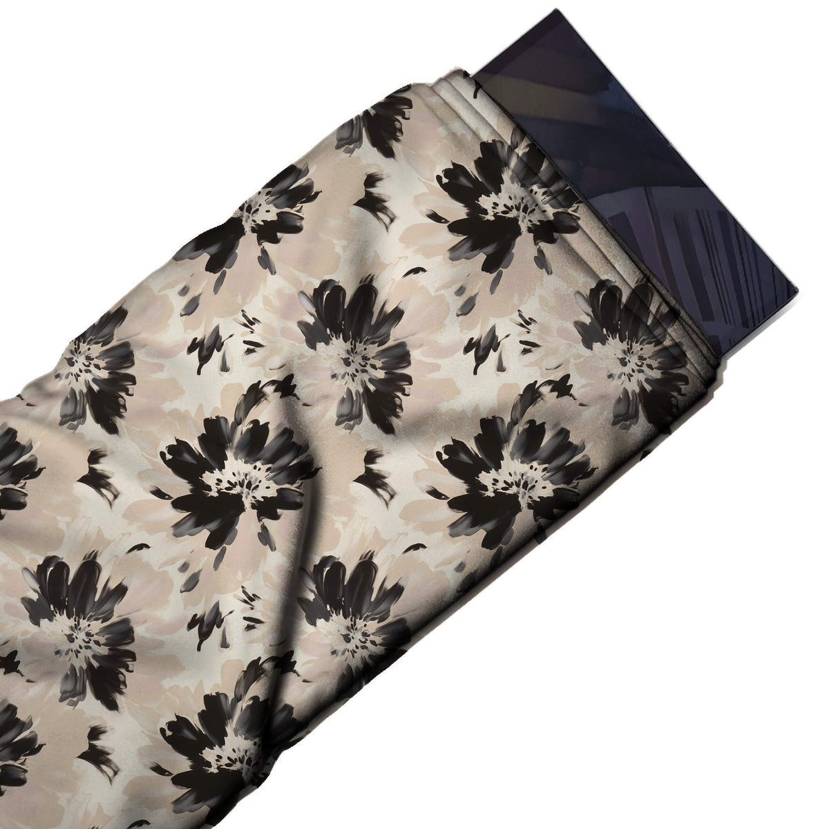 Flat fabric swatch: large-scale all-over floral of black and charcoal brush-painted flowers, design 3655, Clothwala