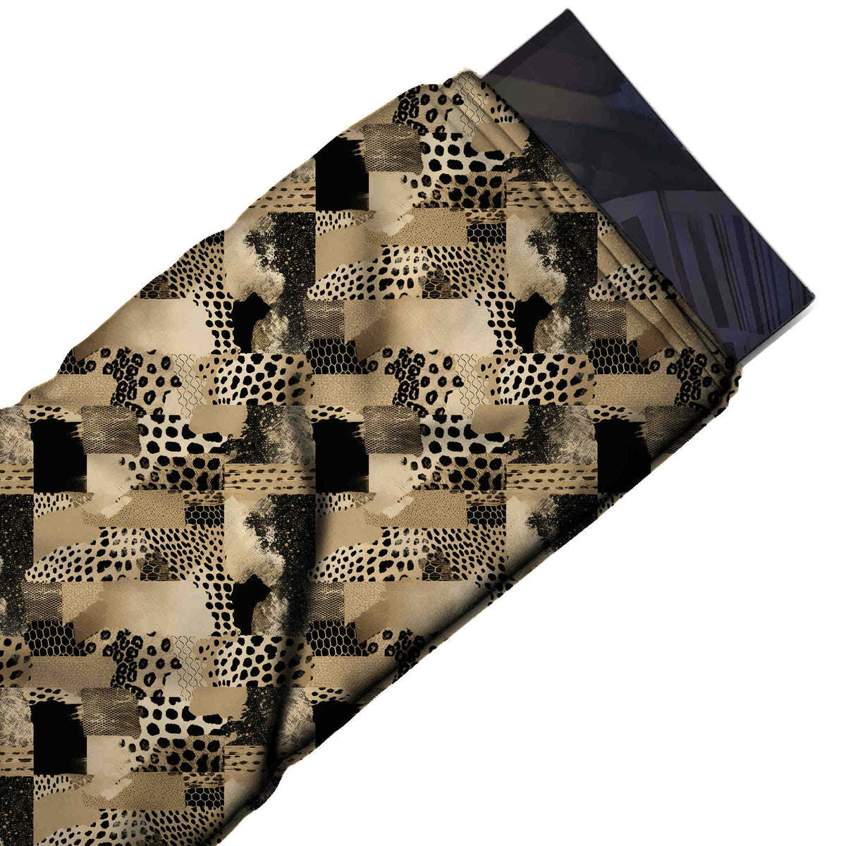 Beige & Black Cheetah Spot Patchwork Printed Moss Crepe Fabric - flat fabric swatch, design Design No_3742, Clothwala