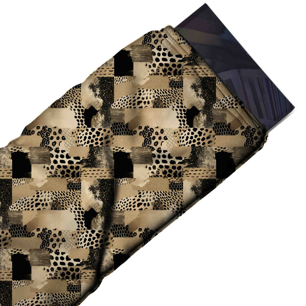 Beige & Black Cheetah Spot Patchwork Printed Moss Crepe Fabric