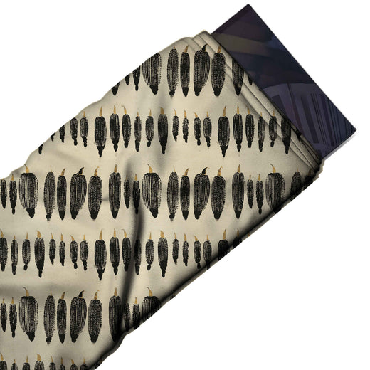 Flat fabric swatch: horizontal row layout of block-print style black corn cobs with fine, design Design No_4084, Clothwala