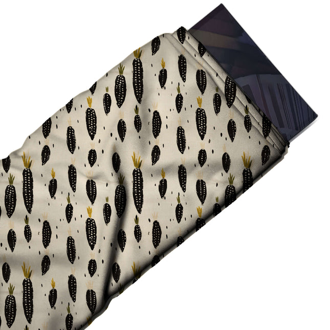 Flat fabric swatch: spaced one-way print of small hand-painted black corn cobs in mixed, design Design No_4078, Clothwala
