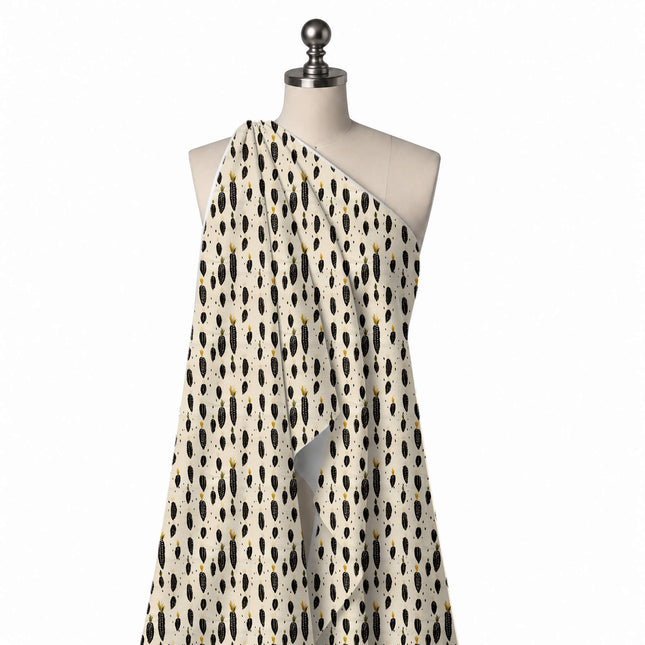Draped on a mannequin: spaced one-way print of small hand-painted black corn cobs in mixed, design Design No_4078, Clothwala