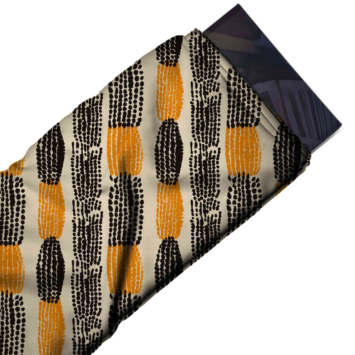 Flat fabric swatch: bold vertical stripe layout of large columns built from rows of dots, design Design No_4102, Clothwala
