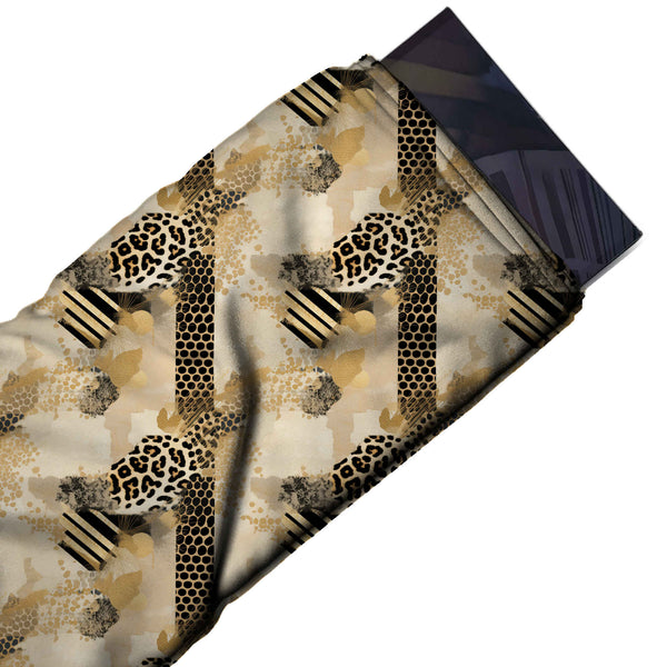 Beige & Black Leopard & Stripe Collage Printed Moss Crepe Fabric