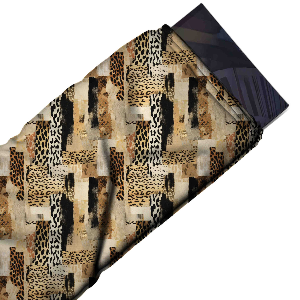 Beige & Black Torn Leopard Strips Printed Moss Crepe Fabric - flat fabric swatch, design Design No_3755, Clothwala