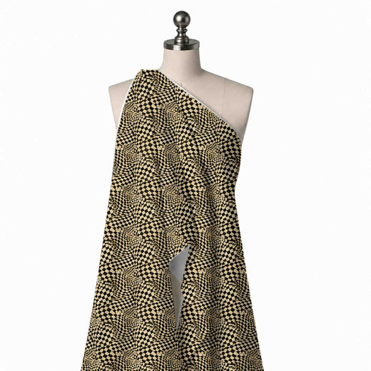 Beige & Black Warped Checkerboard Printed Moss Crepe Fabric