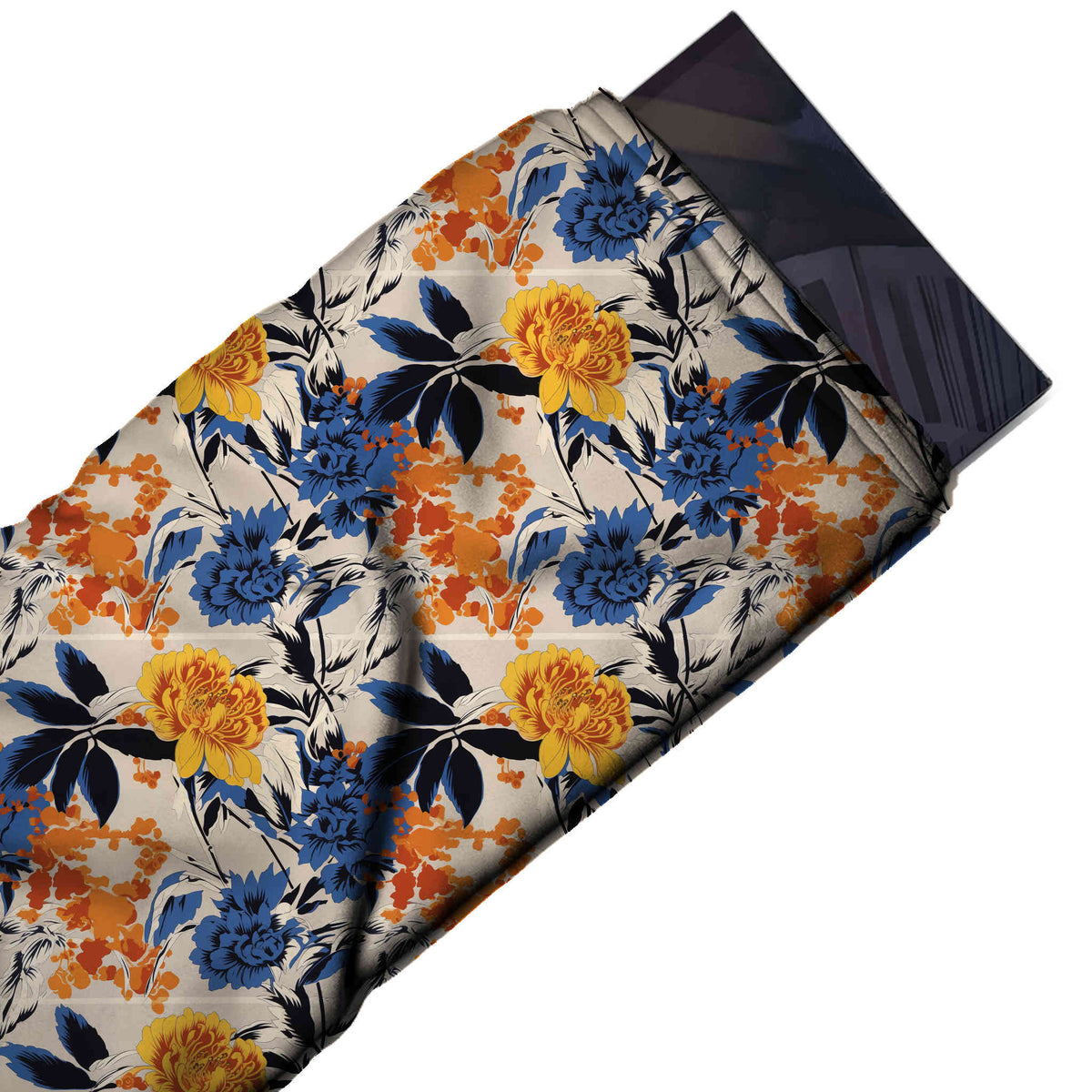 Flat fabric swatch: dense all-over floral of medium-scale golden yellow and blue peonies, design Design No_4288, Clothwala