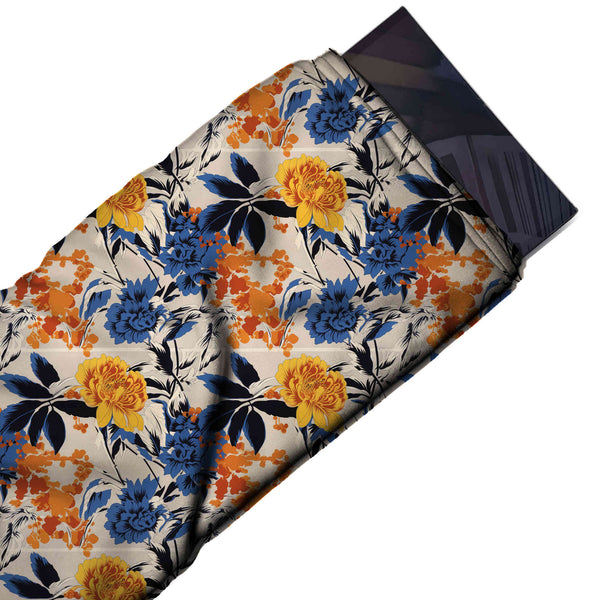Beige & Blue Yellow & Blue Peony Printed French Crepe Fabric