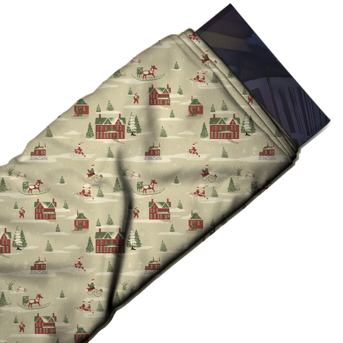 Flat fabric swatch: open spaced one-way scenic print of brick red houses with olive green, design Design No_4732, Clothwala