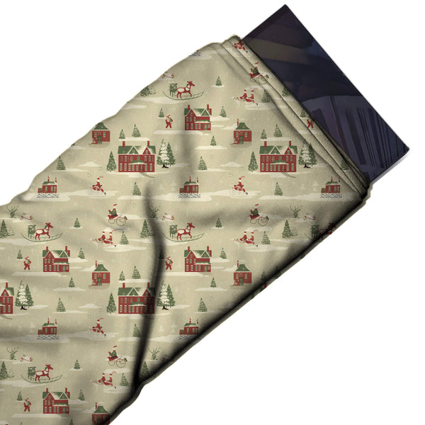 Beige & Brick Red Houses & Rocking Horse Printed Printed American Crepe Fabric Fabric