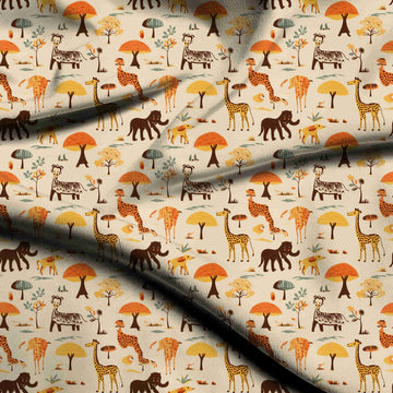 Beige & Burnt Orange Giraffe & Acacia Trees Printed Moss Crepe Fabric