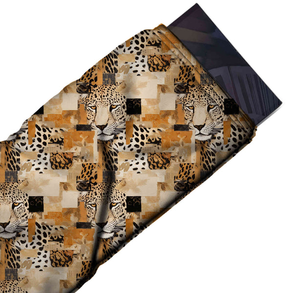 Beige & Burnt Orange Leopard Face Patchwork Printed Moss Crepe Fabric