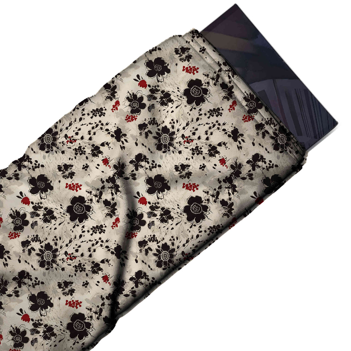 Flat fabric swatch: busy small-scale all-over floral of black flowers with white outlined centres, design 3664, Clothwala