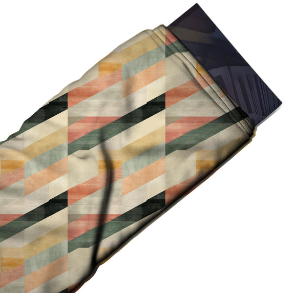 Beige Cream & Peach Stepped Diagonal Bands Printed Pure Natural Crepe Fabric