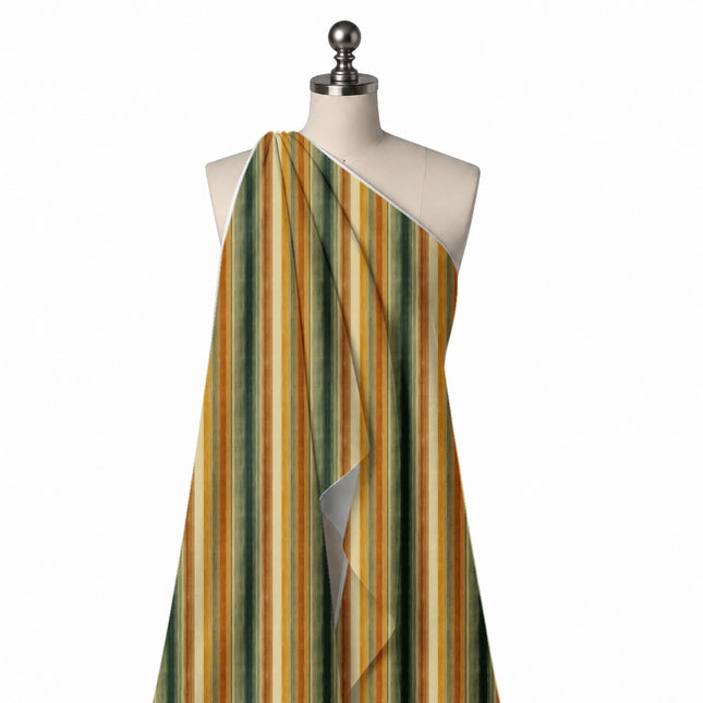 Draped on a mannequin: vertical multi-stripe with a dry-brushed texture: a wide dark green, design Design No_3921, Clothwala