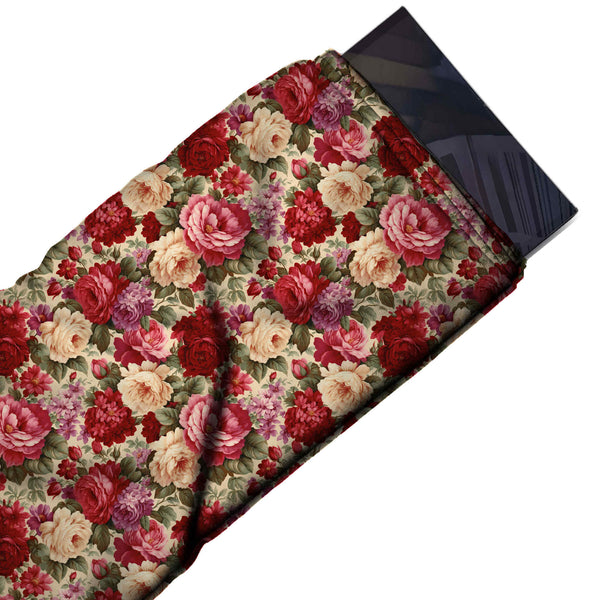 Beige & Deep Red & Cream Rose Printed Armani Satin Fabric