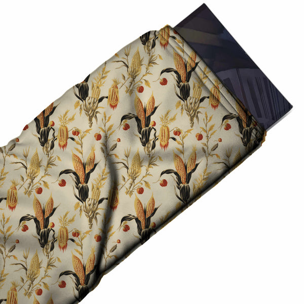 Beige & Golden Yellow Vintage Corn Cobs Printed Spandex Fabric