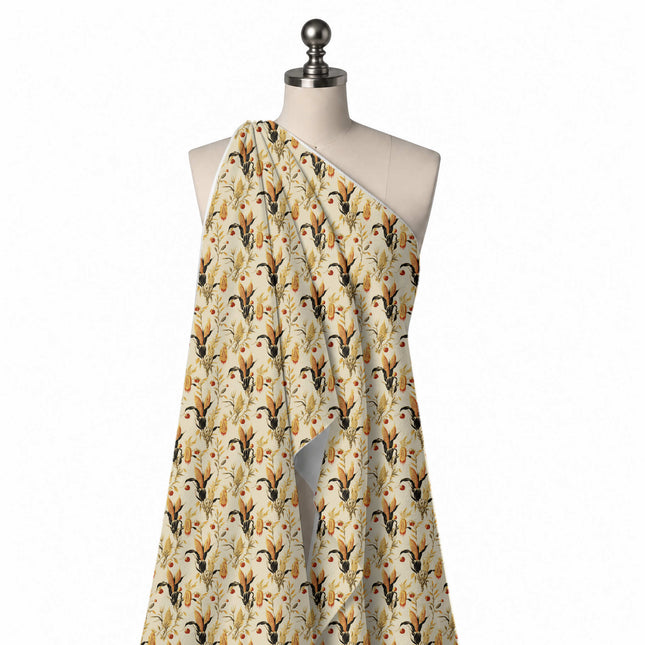 Draped on a mannequin: medium-scale one-way repeat of shaded botanical-illustration corn, design Design No_4077, Clothwala
