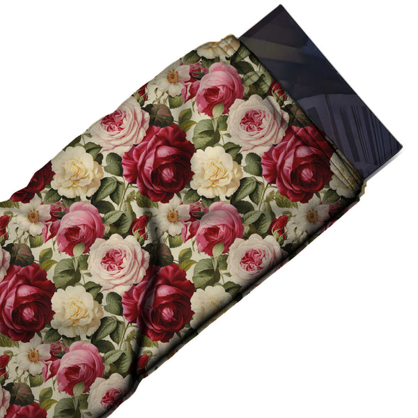 Beige & Maroon & Cream Rose Printed Armani Satin Fabric