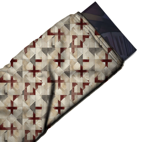 Beige & Maroon Cross Patchwork Printed French Crepe Fabric