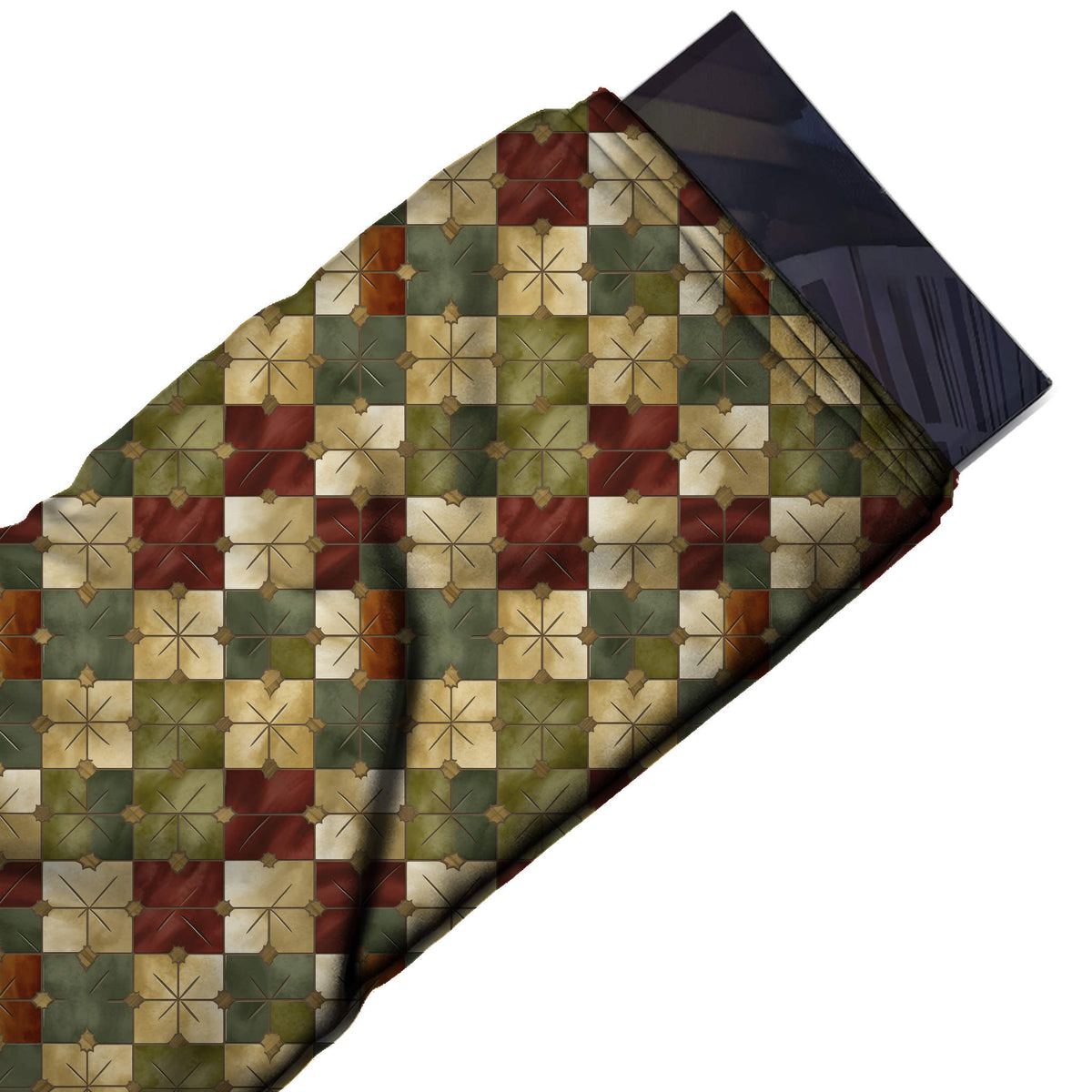 Flat fabric swatch: all-over small-scale patchwork of shaded square tiles in beige, olive, design Design No_4255, Clothwala