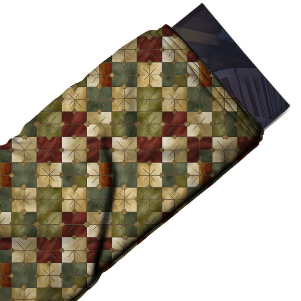 Beige & Maroon Incised Square Tile Patchwork Printed French Crepe Fabric