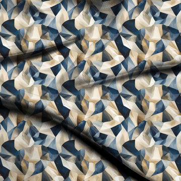 Beige & Navy Blue Crumpled Paper Facets Printed Chiffon Fabric